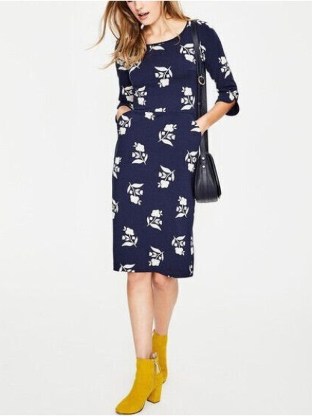 Boden Jessie Jersey Knit Day Dress Floral Tulip Print Navy Casual Size 10